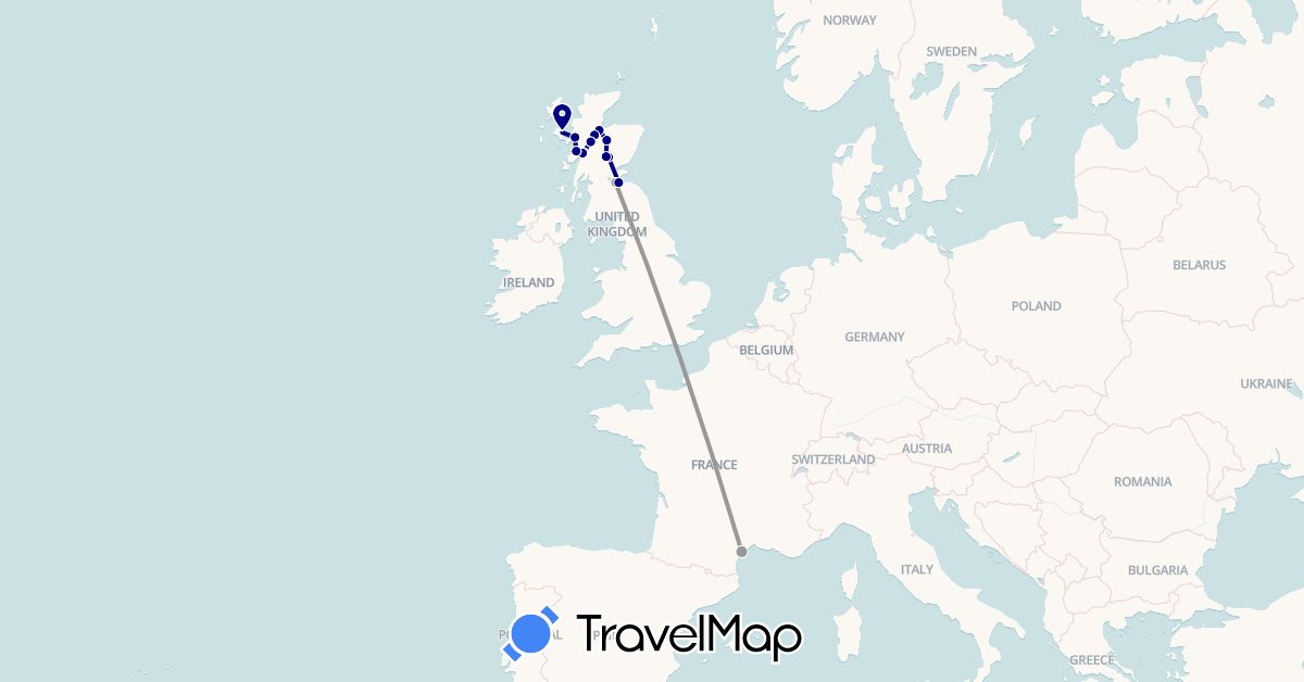TravelMap itinerary: driving, plane in France, United Kingdom (Europe)